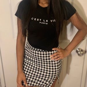 Slogan Graphic Top & Split Hem Gingham Skirt Set